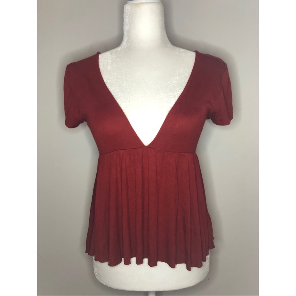 UO Burnt Orange Ribbed Deep V-Neck Shirt